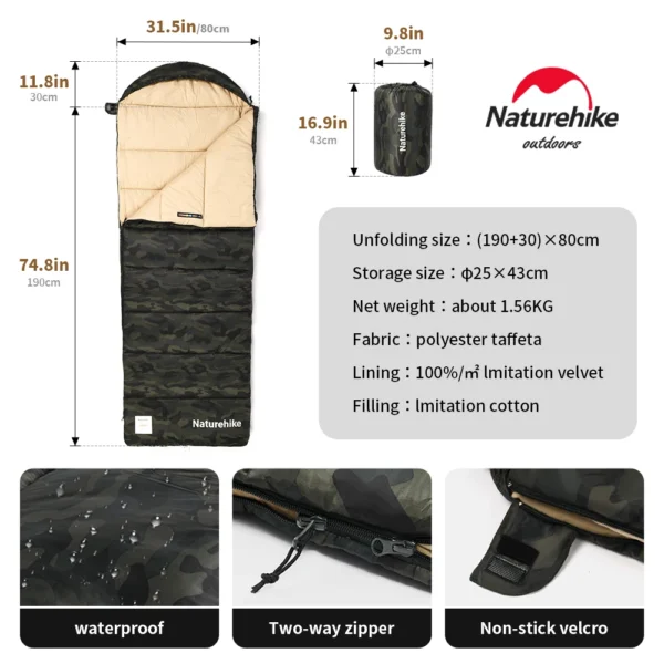 NATUREHIKE M320 Sleeping Bag, Waterproof, Soft & Warm,  Camping Envelop Style - Image 6