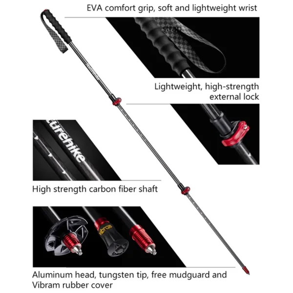Bâtons de randonnée en fibre de carbone NATUREHIKE, ultra-légers, ROUGE-120CM – Image 3